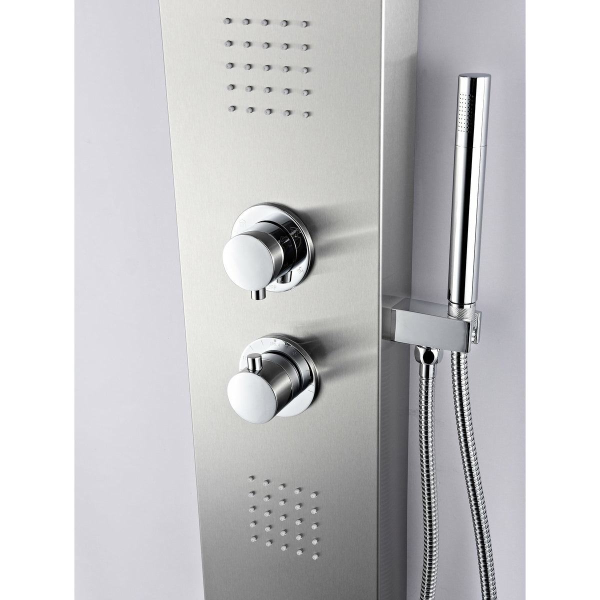 Anzzi Two Shower Control Knobs, Two Acu-stream Body Jet Sets and One Euro-grip Free Range Hand Sprayer in Brushed Steel - Vital Hydrotherapy