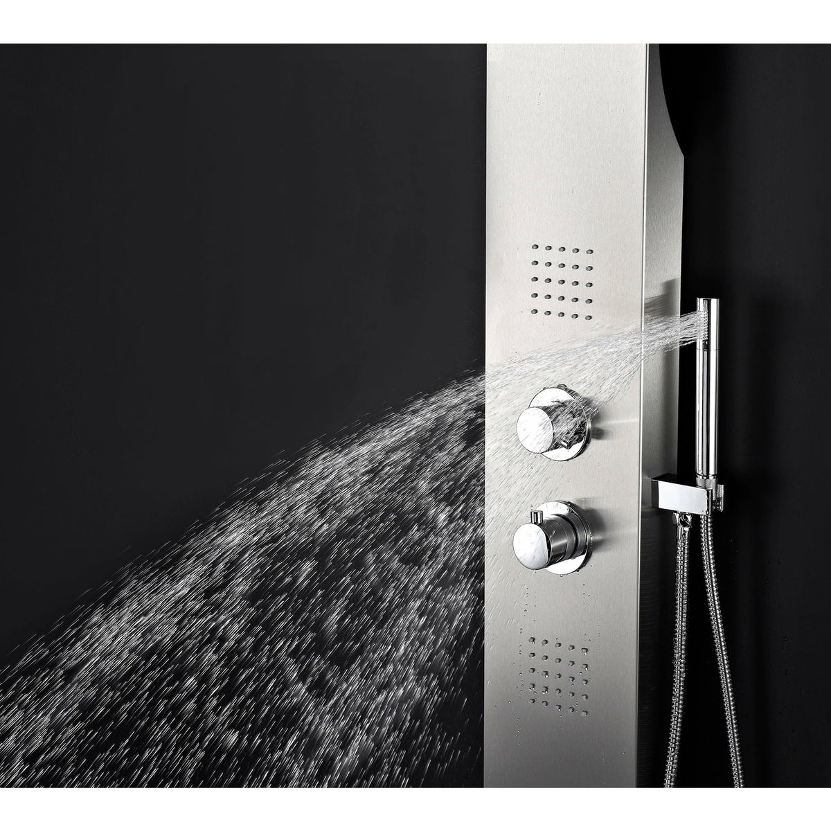 Anzzi Two Shower Control Knobs, Two Acu-stream Body Jet Sets and One Euro-grip Free Range Hand Sprayer in Brushed Steel - Vital Hydrotherapy