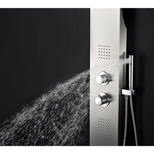 Anzzi Two Shower Control Knobs, Two Acu-stream Body Jet Sets and One Euro-grip Free Range Hand Sprayer in Brushed Steel - Vital Hydrotherapy