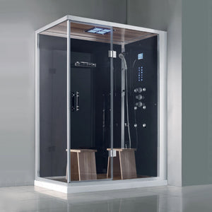 Athena Steam Shower black right configuration Real oak wood ceiling and floor grids, combined with a heavy-duty hinged glass door and polished aluminum trim with 6 acupressure body jets, and two removable wooden stools
