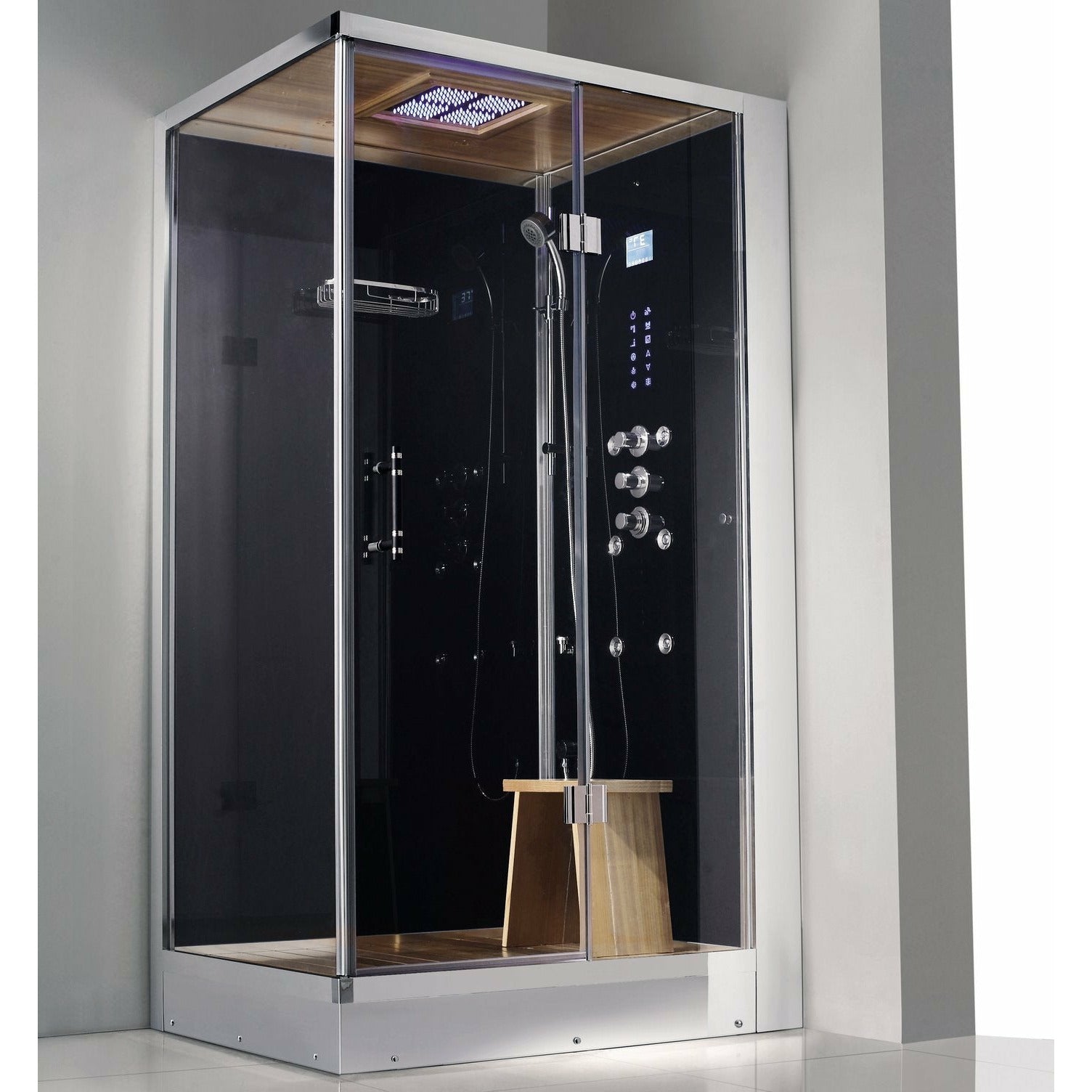 Athena Steam Shower with real oak wood ceiling and floor grids, a heavy-duty hinged glass door and a removable wooden stool left configuration