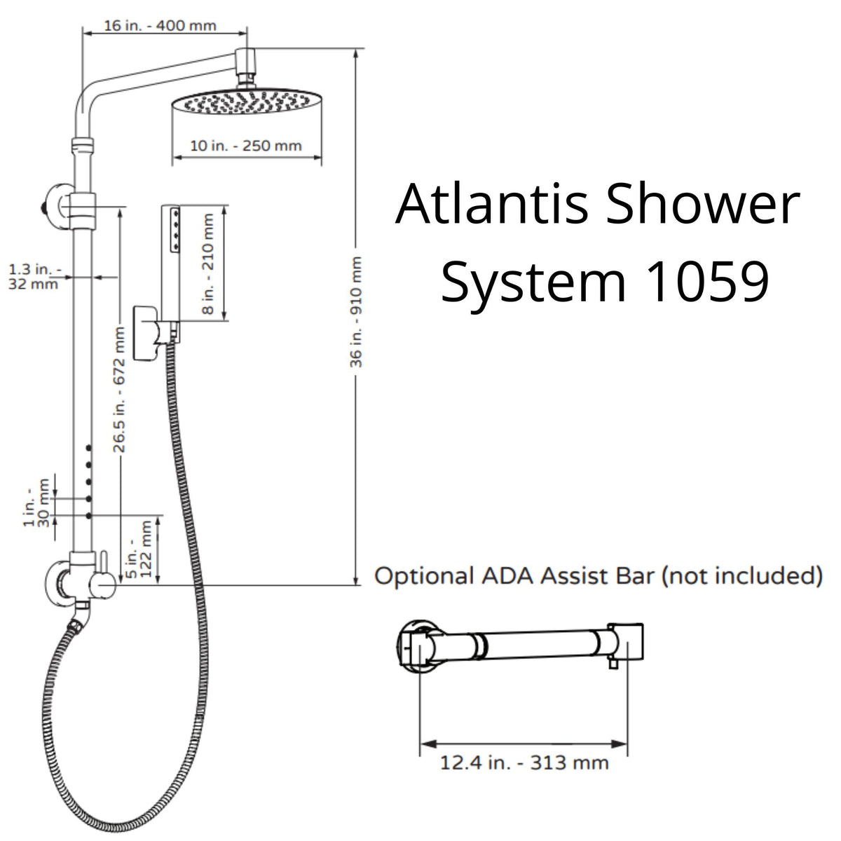 PULSE ShowerSpas Shower System - Atlantis Shower System 1059 Specification Drawing - Vital Hydrotherapy