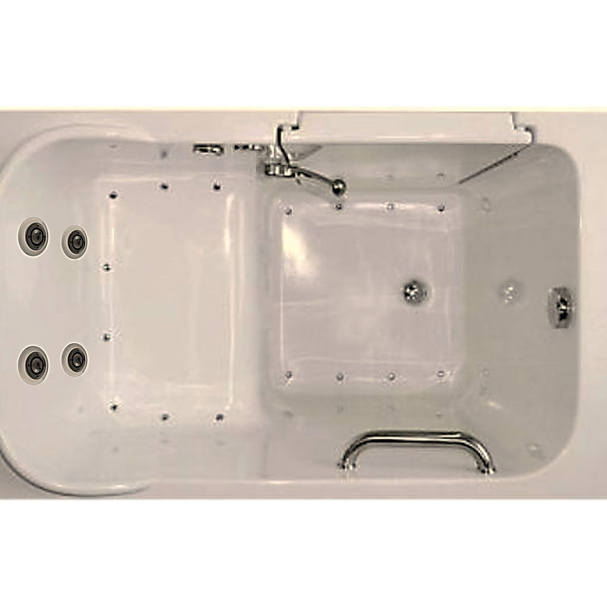 Avora Bath 28" x 48" walk-in tub biscuit with contemporary faucet including hand shower - left inward swinging door - air and vibration jets - removable side access panels - highest grade fiberglass composite construction - gel coat high gloss finish - stainless steel frame - top view - Vital Hydrotherapy