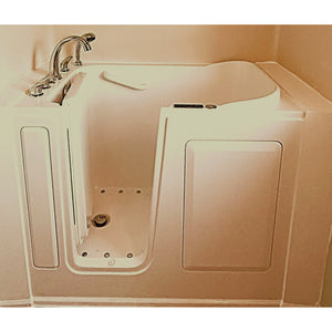 Avora Bath 28" x 48" walk-in tub biscuit with contemporary faucet including hand shower - left inward swinging door - air massage - removable side access panels - highest grade fiberglass composite construction - gel coat high gloss finish - stainless steel frame - front view - Vital Hydrotherapy