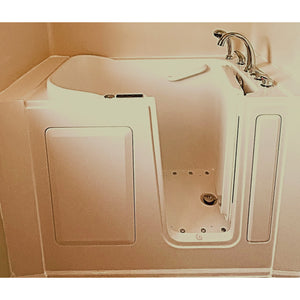 Avora Bath 28" x 48" walk-in tub biscuit with contemporary faucet including hand shower - right inward swinging door - air massage - removable side access panels - highest grade fiberglass composite construction - gel coat high gloss finish - stainless steel frame - front view - Vital Hydrotherapy