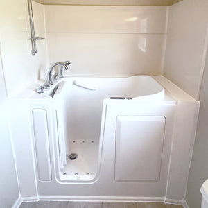 Avora Bath 28" x 48" walk-in tub white with contemporary faucet including hand shower - left inward swinging door - air and vibration jets with microbubble - removable side access panels - highest grade fiberglass composite construction - gel coat high gloss finish - stainless steel frame - Vital Hydrotherapy