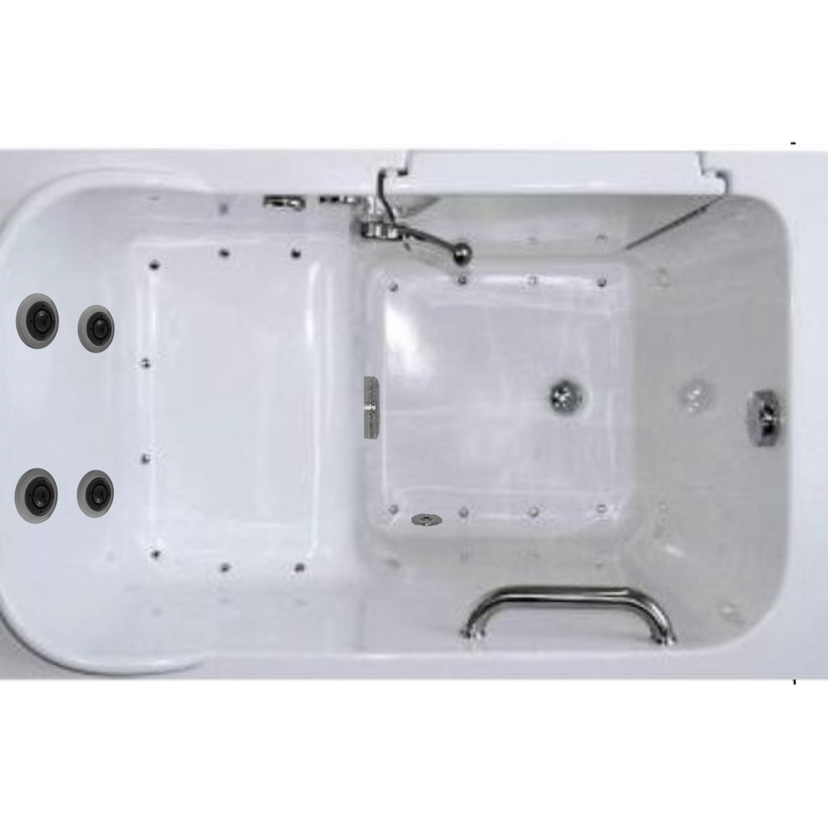 Avora Bath 28" x 48" walk-in tub white with contemporary faucet including hand shower - left inward swinging door - air and vibration jets with microbubble - removable side access panels - highest grade fiberglass composite construction - gel coat high gloss finish - stainless steel frame - top view - Vital Hydrotherapy