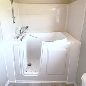 Avora Bath 28" x 48" walk-in tub white with contemporary faucet including hand shower - left inward swinging door - air massage - removable side access panels - highest grade fiberglass composite construction - gel coat high gloss finish - stainless steel frame - Vital Hydrotherapy