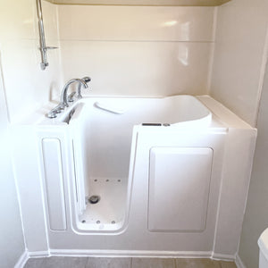 Avora Bath 28" x 48" walk-in tub white with contemporary faucet including hand shower - right inward swinging door - air hydro and vibration jets with microbubbles - removable side access panels - highest grade fiberglass composite construction - gel coat high gloss finish - stainless steel frame - Vital Hydrotherapy