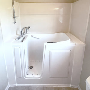 Avora Bath 28" x 48" walk-in tub white with contemporary faucet including hand shower - left inward swinging door - air hydro and vibration jets - removable side access panels - highest grade fiberglass composite construction - gel coat high gloss finish - stainless steel frame - Vital Hydrotherapy