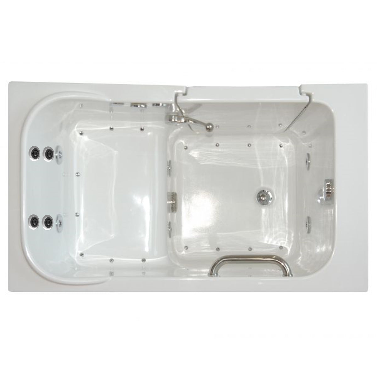 Avora Bath 28" x 48" walk-in tub white with contemporary faucet including hand shower - left inward swinging door - air hydro and vibration jets - removable side access panels - highest grade fiberglass composite construction - gel coat high gloss finish - stainless steel frame - top view - Vital Hydrotherapy