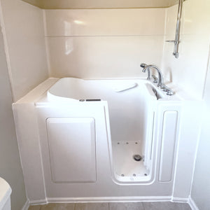 Avora Bath 28" x 48" walk-in tub white with contemporary faucet including hand shower - right inward swinging door - air massage with microbubble - removable side access panels - highest grade fiberglass composite construction - gel coat high gloss finish - stainless steel frame - Vital Hydrotherapy