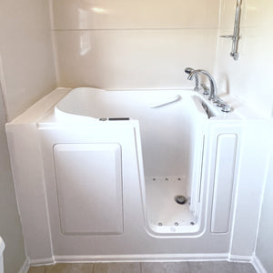 Avora Bath 28" x 48" walk-in tub white with contemporary faucet including hand shower - right inward swinging door - air and vibration jets - removable side access panels - highest grade fiberglass composite construction - gel coat high gloss finish - stainless steel frame - front view - Vital Hydrotherapy