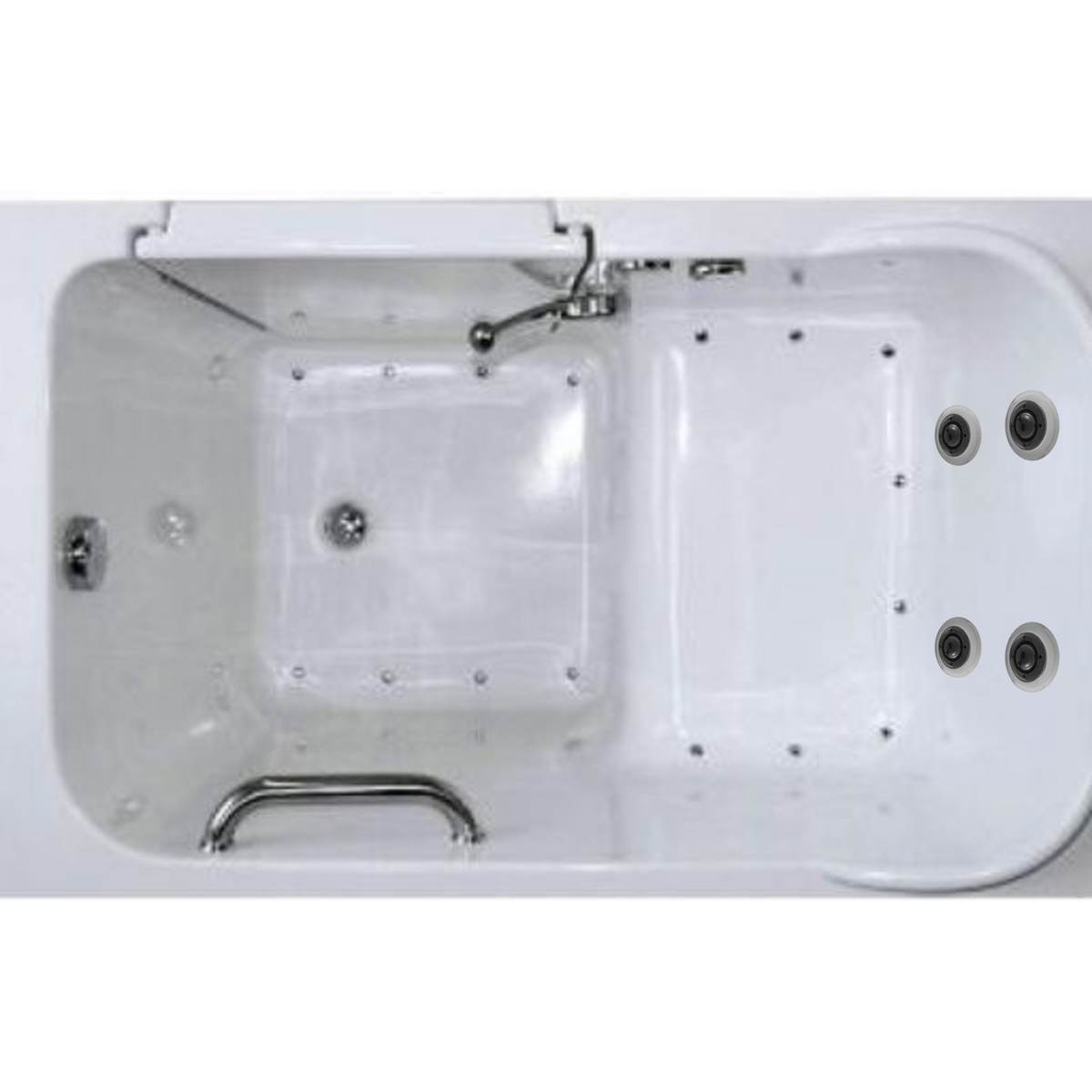 Avora Bath 28" x 48" walk-in tub white with contemporary faucet including hand shower - right inward swinging door - air and vibration jets - removable side access panels - highest grade fiberglass composite construction - gel coat high gloss finish - stainless steel frame - top view - Vital Hydrotherapy