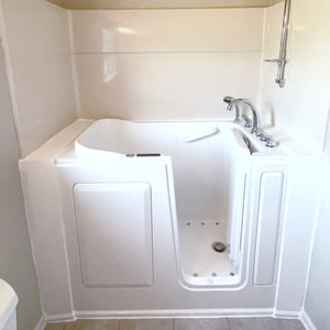 Avora Bath 28" x 48" walk-in tub white with contemporary faucet including hand shower - right inward swinging door - air massage - removable side access panels - highest grade fiberglass composite construction - gel coat high gloss finish - stainless steel frame - front view - Vital Hydrotherapy