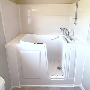 Avora Bath 28" x 48" walk-in tub white with contemporary faucet including hand shower - right inward swinging door - air and hydro massage with microbubbles - removable side access panels - highest grade fiberglass composite construction - gel coat high gloss finish - stainless steel frame - front view - Vital hydrotherapy