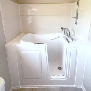 Avora Bath 28" x 48" walk-in tub white with contemporary faucet including hand shower - right inward swinging door - air hydro and vibration jets - removable side access panels - highest grade fiberglass composite construction - gel coat high gloss finish - stainless steel frame - Vital Hydrotherapy