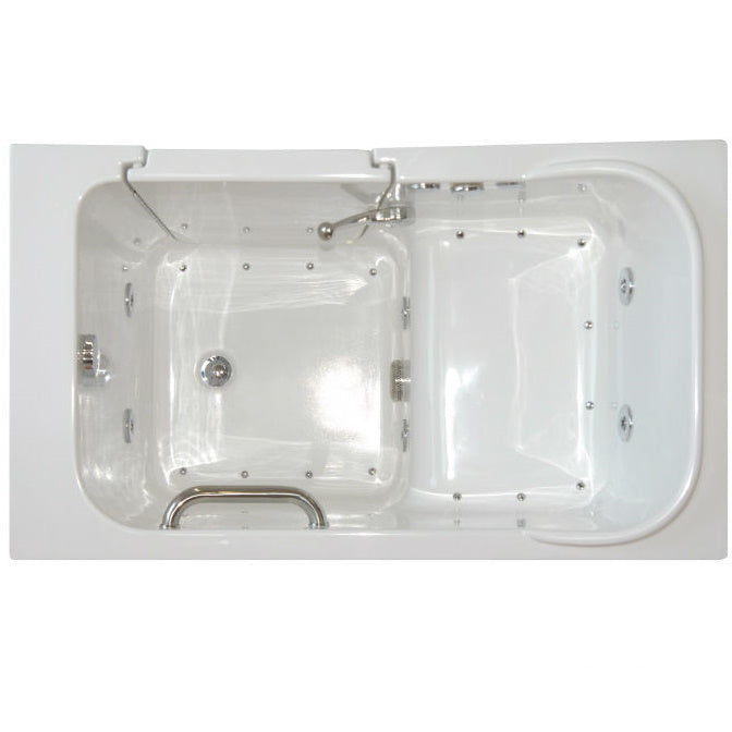 Avora Bath 28" x 48" walk-in tub white with contemporary faucet including hand shower - right inward swinging door - air and hydro massage - removable side access panels - highest grade fiberglass composite construction - gel coat high gloss finish - stainless steel frame - top view - Vital hydrotherapy