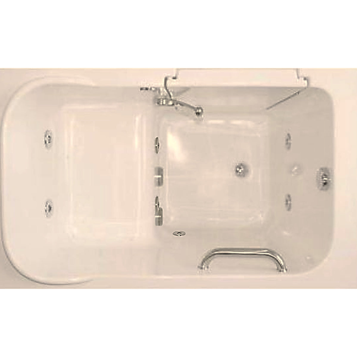 Avora Bath 28" x 48" walk-in tub biscuit with contemporary faucet including hand shower - left inward swinging door - hydro massage with microbubbles - removable side access panels - highest grade fiberglass composite construction - gel coat high gloss finish - stainless steel frame - top view - Vital Hydrotherapy