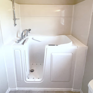 Avora Bath 28" x 48" walk-in tub white with contemporary faucet including hand shower - left inward swinging door - hydro massage - removable side access panels - highest grade fiberglass composite construction - gel coat high gloss finish - stainless steel frame - Vital Hydrotherapy