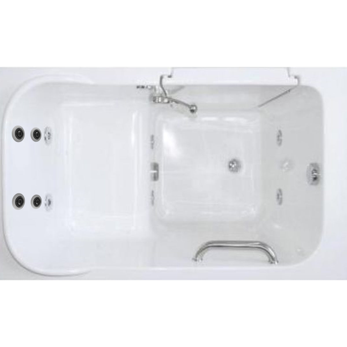 Avora Bath 28" x 48" walk-in tub white with contemporary faucet including hand shower - left inward swinging door - hydro and vibration jets - removable side access panels - highest grade fiberglass composite construction - gel coat high gloss finish - stainless steel frame - top view - Vital Hydrotherapy