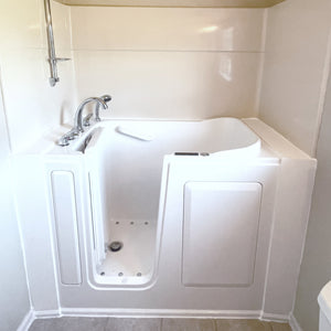 Avora Bath 28" x 48" walk-in tub white with contemporary faucet including hand shower - left inward swinging door - hydro and vibration jets with microbubbles - removable side access panels - highest grade fiberglass composite construction - gel coat high gloss finish - stainless steel frame - Vital Hydrotherapy