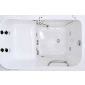 Avora Bath 28" x 48" walk-in tub white with contemporary faucet including hand shower - left inward swinging door - hydro and vibration jets with microbubbles - removable side access panels - highest grade fiberglass composite construction - gel coat high gloss finish - stainless steel frame - top view - Vital Hydrotherapy