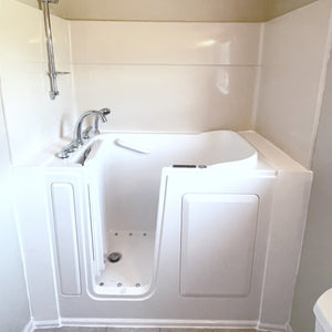 Avora Bath 28" x 48" walk-in tub white with contemporary faucet including hand shower - left inward swinging door - soaking - removable side access panels - highest grade fiberglass composite construction - gel coat high gloss finish - stainless steel frame - Vital Hydrotherapy