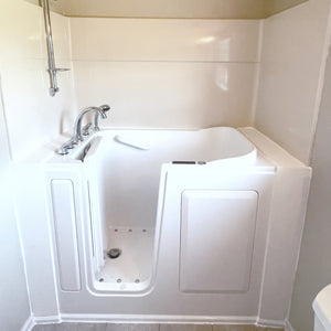 Avora Bath 28" x 48" walk-in tub white with contemporary faucet including hand shower - left inward swinging door - vibration jets - removable side access panels - highest grade fiberglass composite construction - gel coat high gloss finish - stainless steel frame - Vital Hydrotherapy