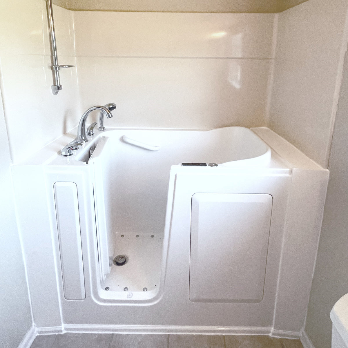 Avora Bath 28" x 48" walk-in tub white with contemporary faucet including hand shower - left inward swinging door - vibration jets with microbubbles - removable side access panels - highest grade fiberglass composite construction - gel coat high gloss finish - stainless steel frame - Vital Hydrotherapy