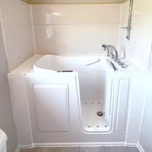 Avora Bath 28" x 48" walk-in tub white with contemporary faucet including hand shower - right inward swinging door - hydro massage - removable side access panels - highest grade fiberglass composite construction - gel coat high gloss finish - stainless steel frame - Vital Hydrotherapy