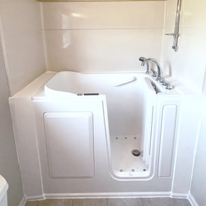 Avora Bath 28" x 48" walk-in tub white with contemporary faucet including hand shower - right inward swinging door - hydro massage with microbubbles - removable side access panels - highest grade fiberglass composite construction - gel coat high gloss finish - stainless steel frame - Vital Hydrotherapy