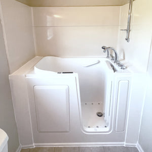 Avora Bath 28" x 48" walk-in tub white with contemporary faucet including hand shower - right inward swinging door - hydro and vibration jets with microbubbles - removable side access panels - highest grade fiberglass composite construction - gel coat high gloss finish - stainless steel frame - Vital Hydrotherapy