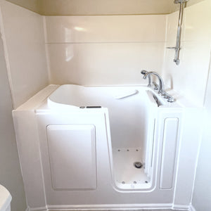 Avora Bath 28" x 48" walk-in tub white with contemporary faucet including hand shower - right inward swinging door - vibration jets - removable side access panels - highest grade fiberglass composite construction - gel coat high gloss finish - stainless steel frame - Vital Hydrotherapy