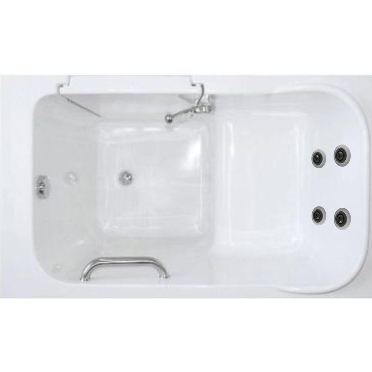 Avora Bath 28" x 48" walk-in tub white with contemporary faucet including hand shower - right inward swinging door - vibration jets - removable side access panels - highest grade fiberglass composite construction - gel coat high gloss finish - stainless steel frame - top view - Vital Hydrotherapy