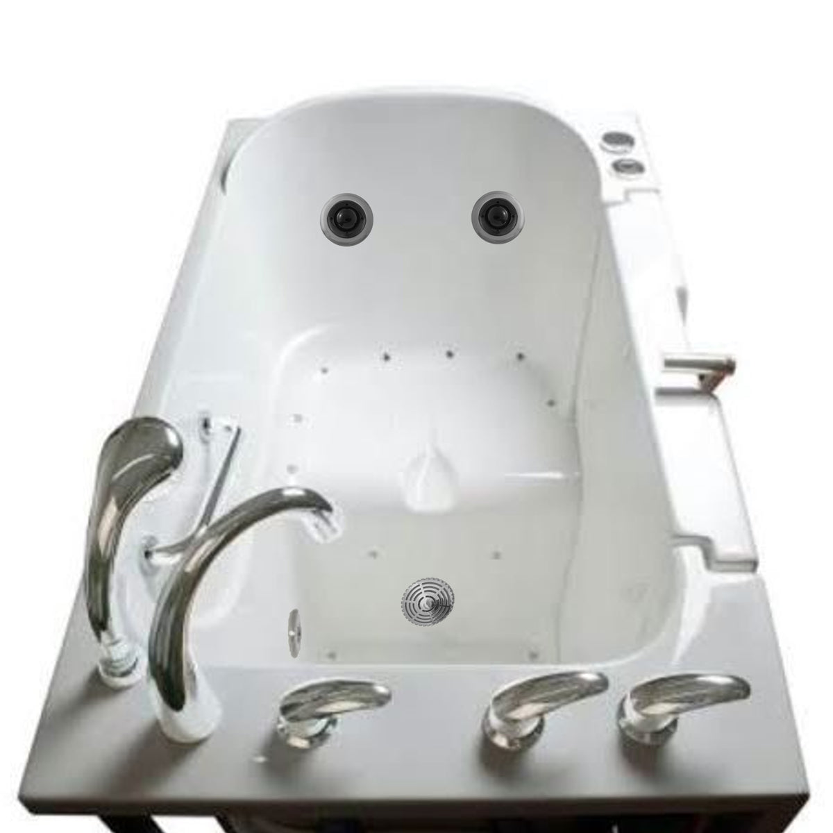 Avora bath 30" x 52" wheelchair transfer walk-in tub white with left outward swinging door, vibration jets with microbubble and  handle & faucet  - top view - Vital Hydrotherapy