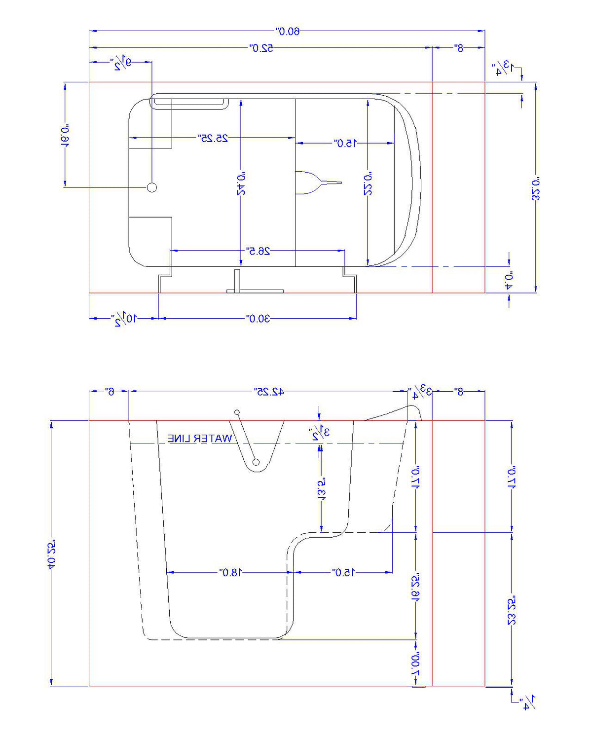 Avora bath 32" x 52" wheelchair transfer walk-in tub dimension drawing - Vital Hydrotherapy
