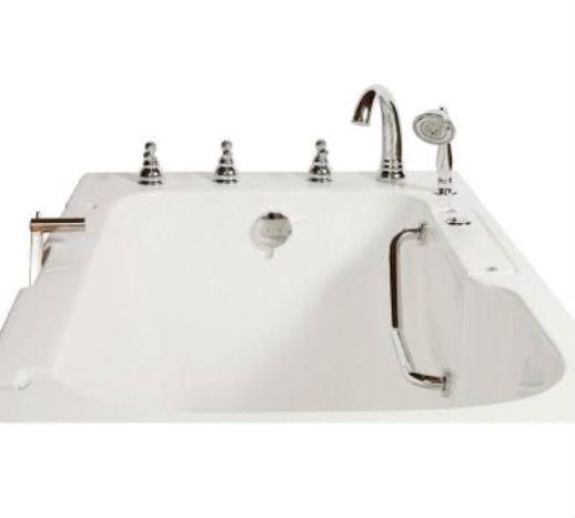 Avora Bath 32" x 52" Wheelchair Transfer Walk-In Tub white with left outward swing door - air and vibration jets - 5 piece roman faucet set - hand shower with pull out hose - stainless steel grab bar - Vital Hydrotherapy