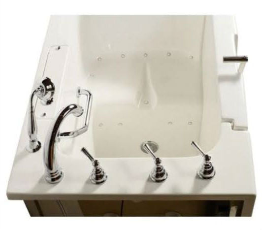 Avora Bath 32" x 52" Wheelchair Transfer Walk-In Tub white with left outward swing door - air and vibration jets - 5 piece roman faucet set -  hand shower with pull out hose - top view - Vital Hydrotherapy