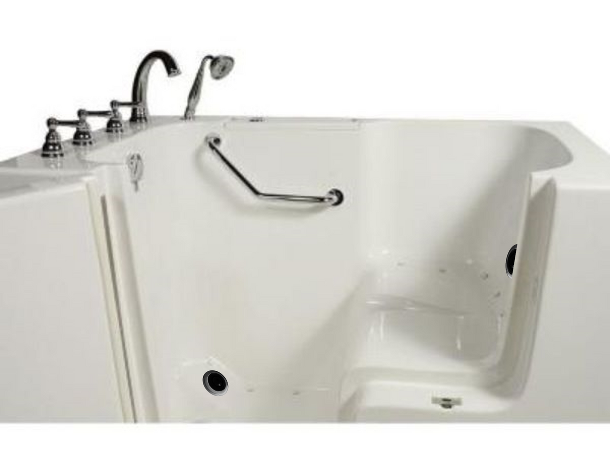Avora Bath 32" x 52" Wheelchair Transfer Walk-In Tub white with left outward swing door - air and vibration jets - 5 piece roman faucet set -  hand shower with pull out hose - stainless steel grab bar - Vital Hydrotherapy