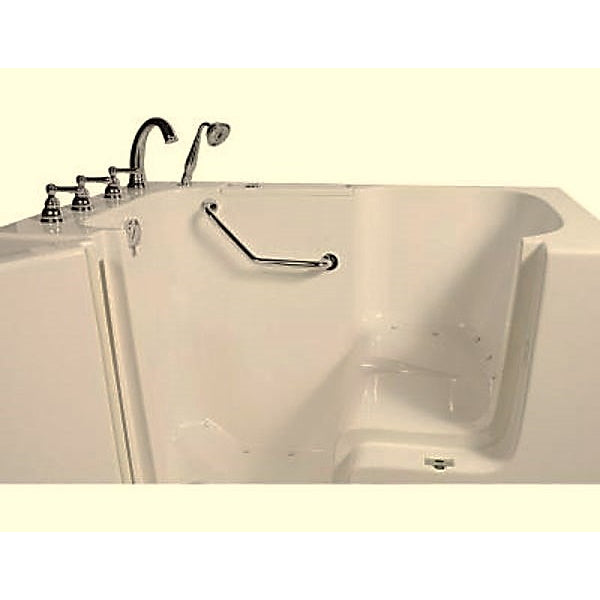 Avora bath 32" x 52" wheelchair transfer walk-in tub biscuit with left outward swing door - air massage with microbubbles - 5 piece roman faucet set - hand shower with pull out hose - stainless steel grab bar - Vital Hydrotherapy