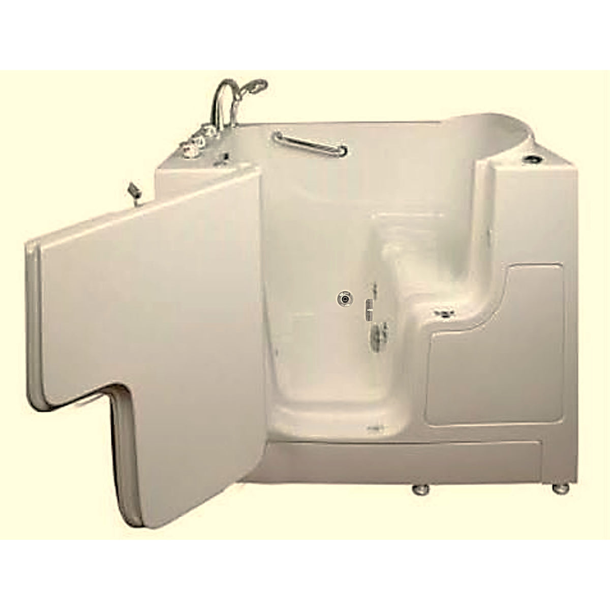 Avora bath 32" x 52" wheelchair transfer walk-in tub biscuit with left outward swing door - hydro massage with microbubbles - 5 piece roman faucet set - hand shower with pull out hose - stainless steel grab bar - open door - Vital Hydrotherapy