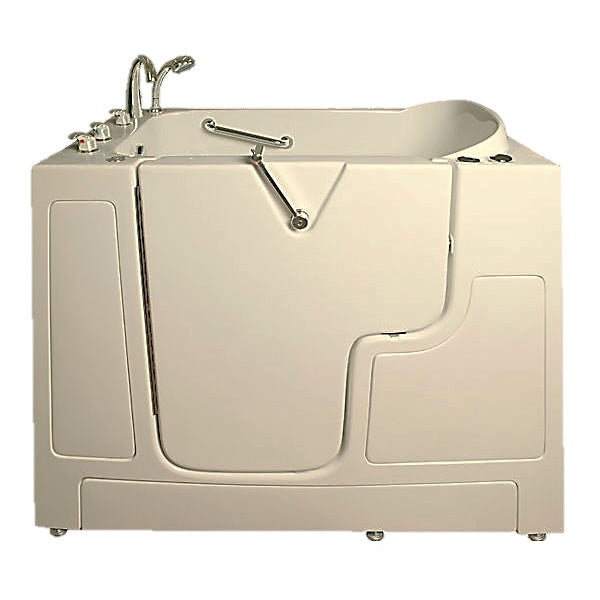 Avora bath 32" x 52" wheelchair transfer walk-in tub biscuit with left outward swing door - vibration jets - 5 piece roman faucet set - hand shower with pull out hose - stainless steel grab bar - Vital Hydrotherapy