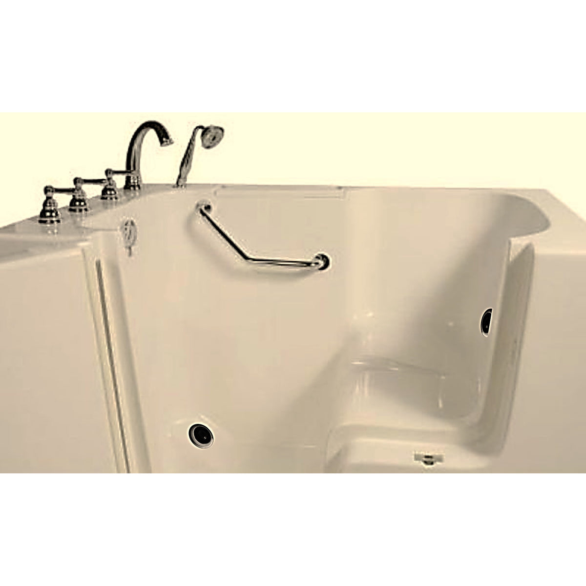Avora bath 32" x 52" wheelchair transfer walk-in tub biscuit with left outward swing door - vibration jets - 5 piece roman faucet set - hand shower with pull out hose - stainless steel grab bar - Vital Hydrotherapy