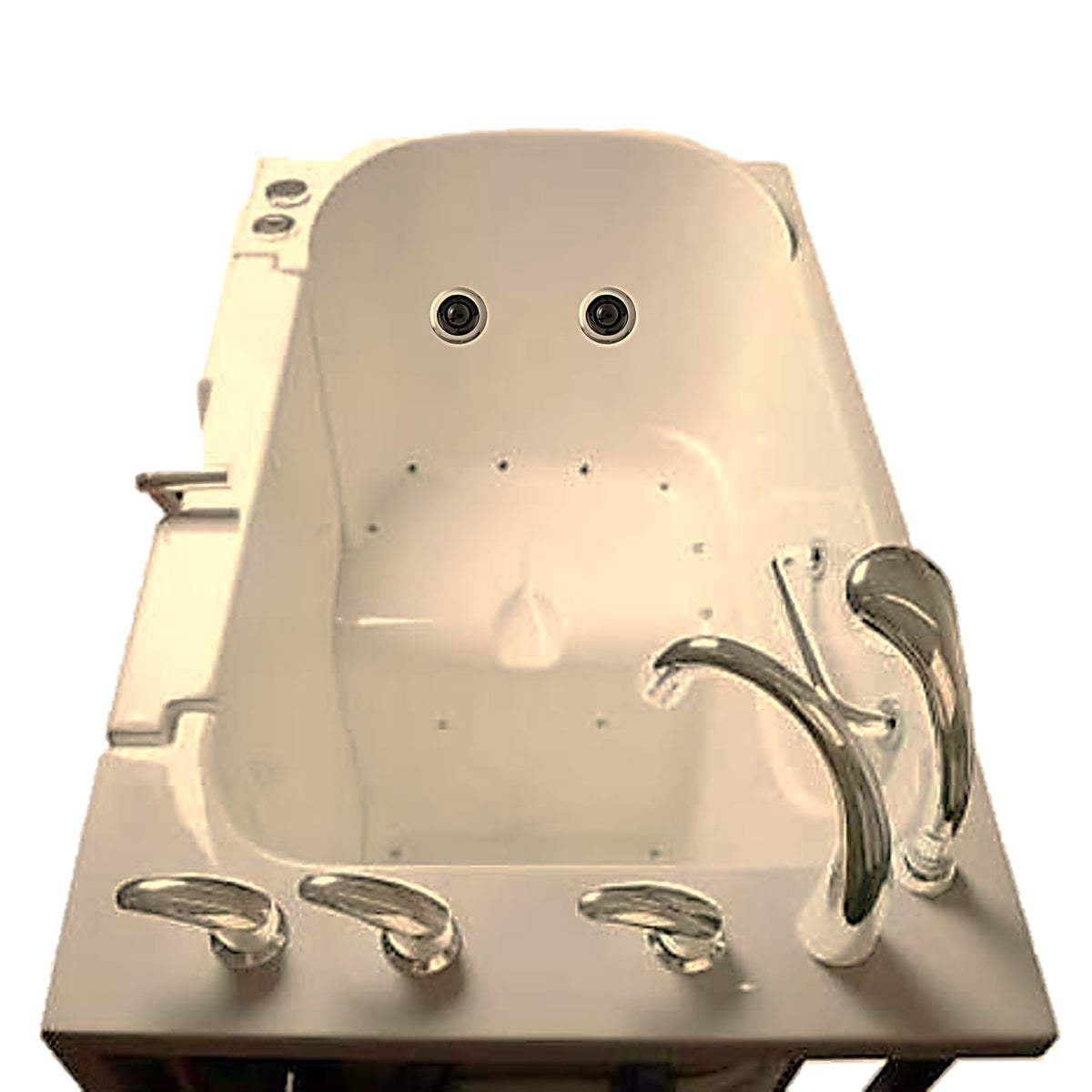 Avora bath 32" x 52" wheelchair transfer walk-in tub biscuit with right outward swing door - air and vibration jets - 5 piece roman faucet set - hand shower with pull out hose - stainless steel grab bar - top view - Vital Hydrotherapy