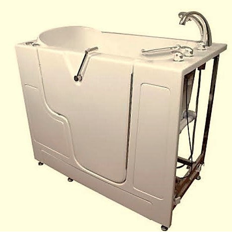 Avora bath 32" x 52" wheelchair transfer walk-in tub biscuit with left outward swing door - air and hydro massage with microbubbles - 5 piece roman faucet set - hand shower with pull out hose - stainless steel grab bar - Vital Hydrotherapy