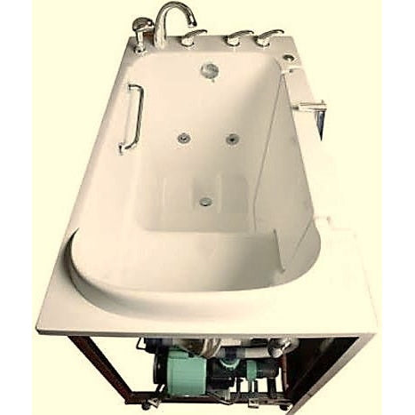 Avora bath 32" x 52" wheelchair transfer walk-in tub biscuit with right outward swing door - hydro massage with microbubbles - 5 piece roman faucet set - hand shower with pull out hose - stainless steel grab bar - top view - Vital Hydrotherapy