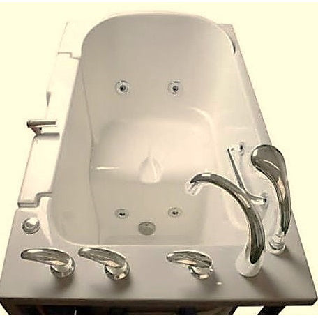 Avora bath 32" x 52" wheelchair transfer walk-in tub biscuit with right outward swing door - hydro massage with microbubbles - 5 piece roman faucet set - hand shower with pull out hose - stainless steel grab bar - Vital Hydrotherapy