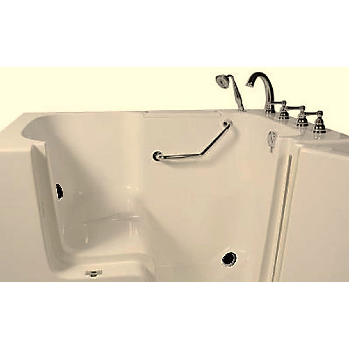 Avora bath 32" x 52" wheelchair transfer walk-in tub biscuit with right outward swing door - vibration jets - 5 piece roman faucet set - hand shower with pull out hose - stainless steel grab bar - Vital Hydrotherapy