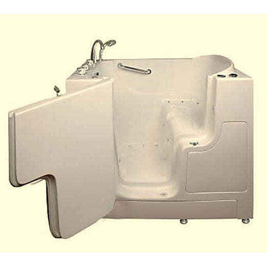 Avora bath 32" x 52" wheelchair transfer walk-in tub biscuit with left outward swing door - air and vibration jets - 5 piece roman faucet set - hand shower with pull out hose - stainless steel grab bar - open door - Vital Hydrotherapy